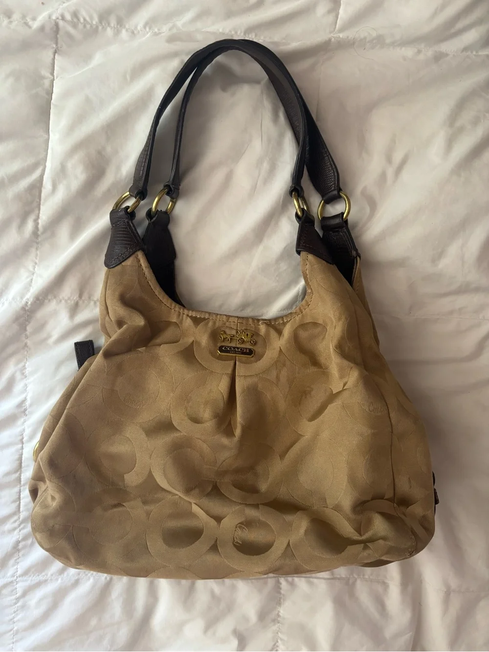 Coach Beige Signature Hobo with Dark Brown Leather Straps